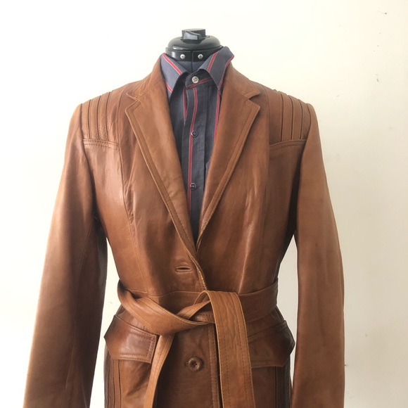 Vintage 70s Belted Leather Jacket Caramel Brown Leather Cognac Tailored Medium - Picture 2 of 16